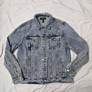 Forever 21 Men Distressed Denim Jacket Light Wash Button Front Size M